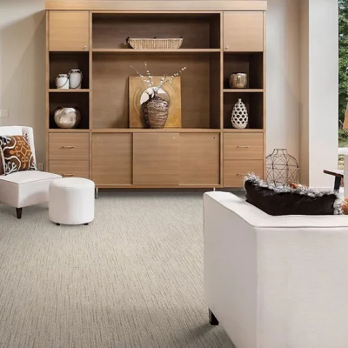 Bright dining area with Mohawk SmartStrand Carpet flooring